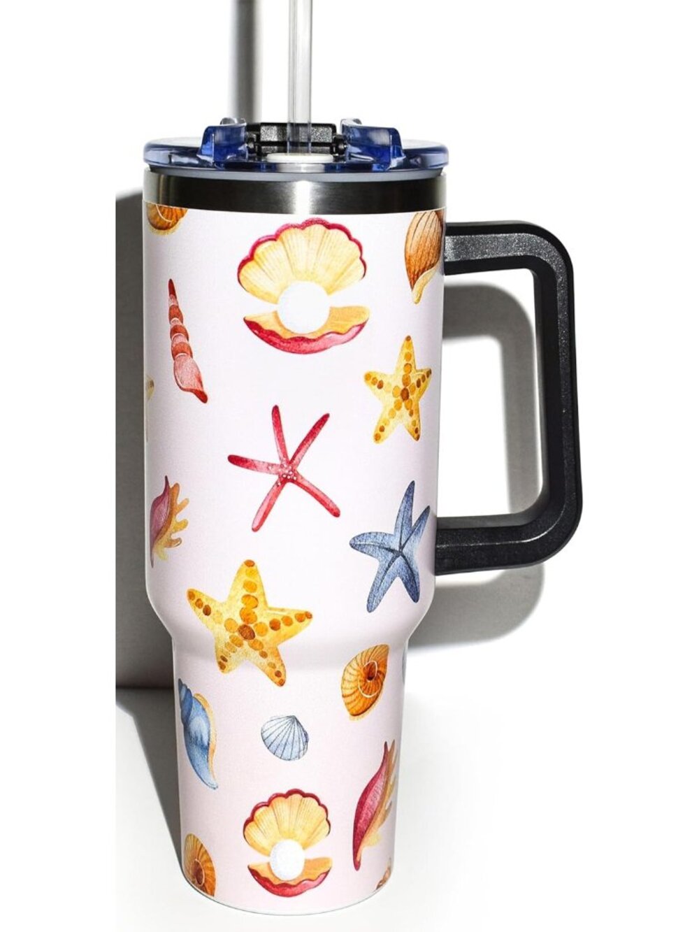 Pink Seashells Print Tumbler, 40 oz Stainless Steel Travel Cup, Double Wall Insu